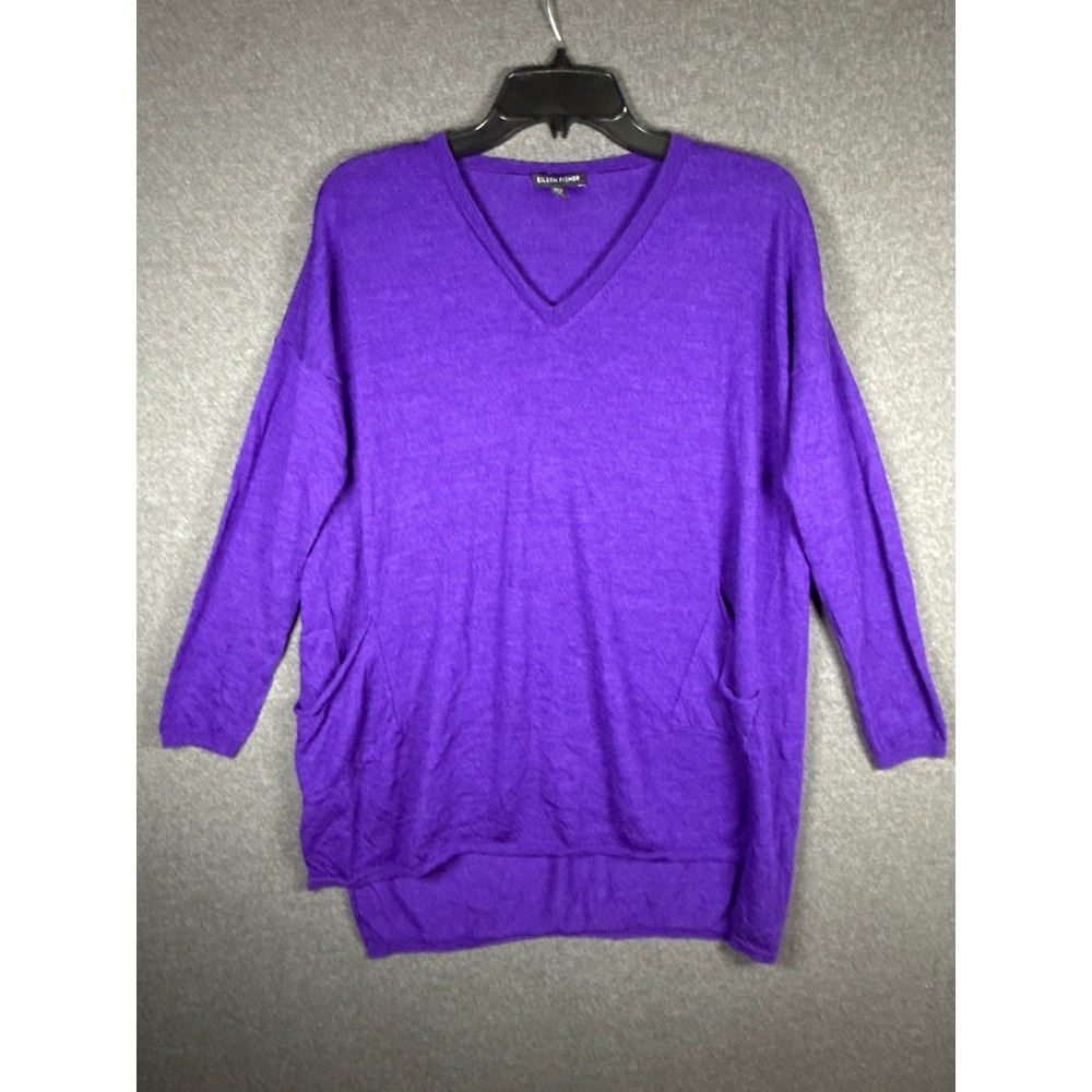 Eileen Fisher Merino Wool V-Neck Tunic Sweater Purple Pockets M minimalist chic